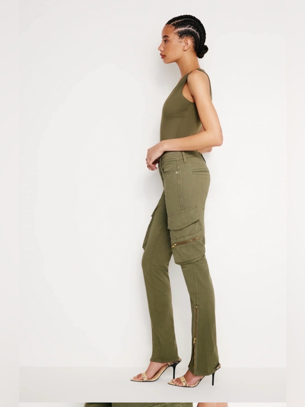Good American Twill Skinny Cargo Olive Sz 4/27 NWOT Gold Ankle Zip - Picture 3 of 13